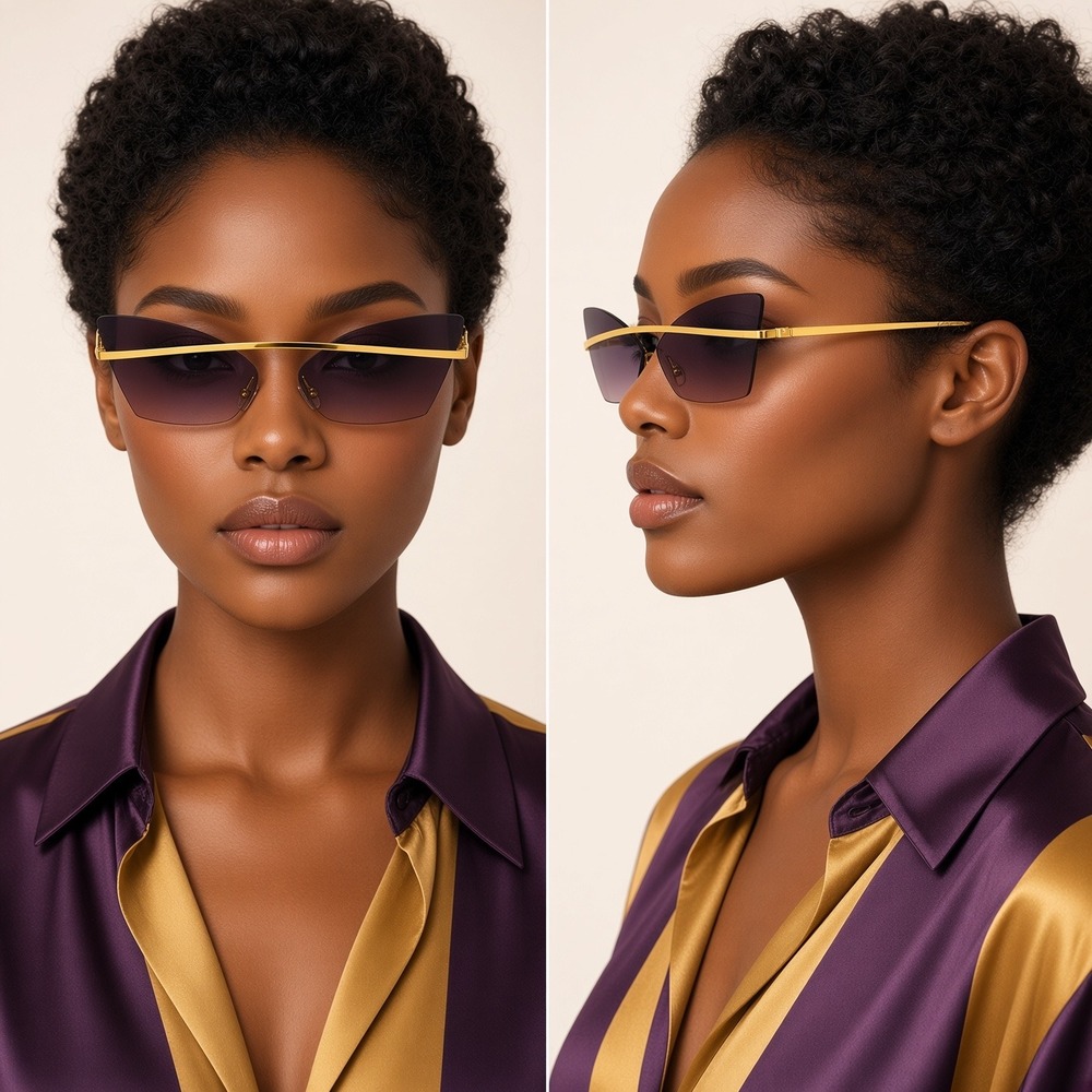 Gold Rimless Cat Eye Sunglasses Purple Gradient Lens Geometric Metal Frame
